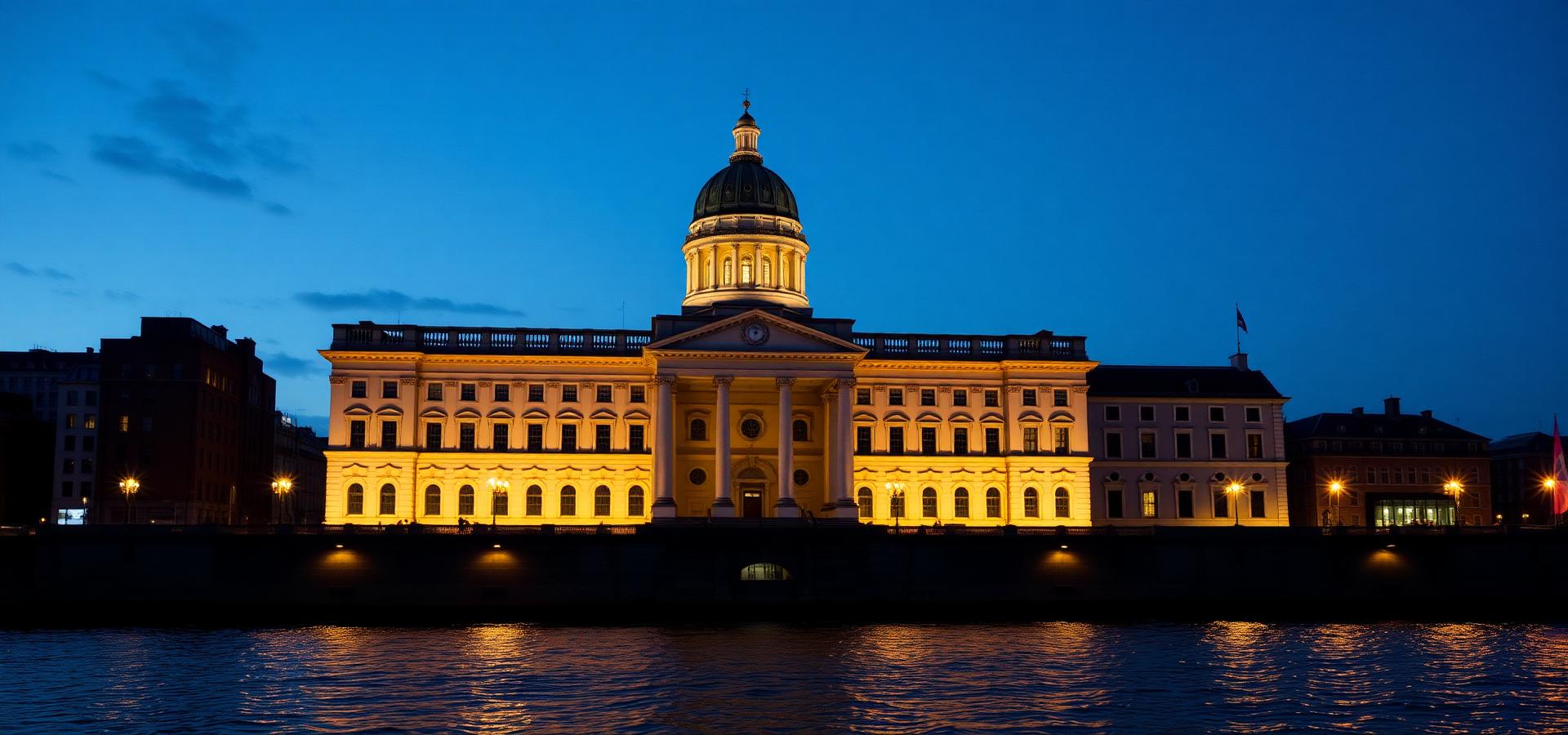 Historic Dublin building at dusk along the River Liffey