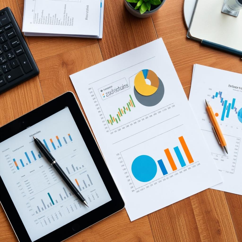 Accounting charts, tablet and calculator on a desk